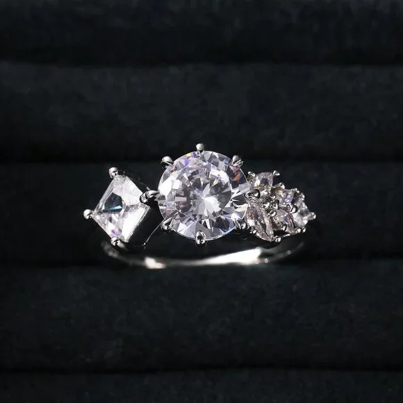 CZ Square Leaf 925 Silver Plated Wedding/Engagement Ring for Women, K940